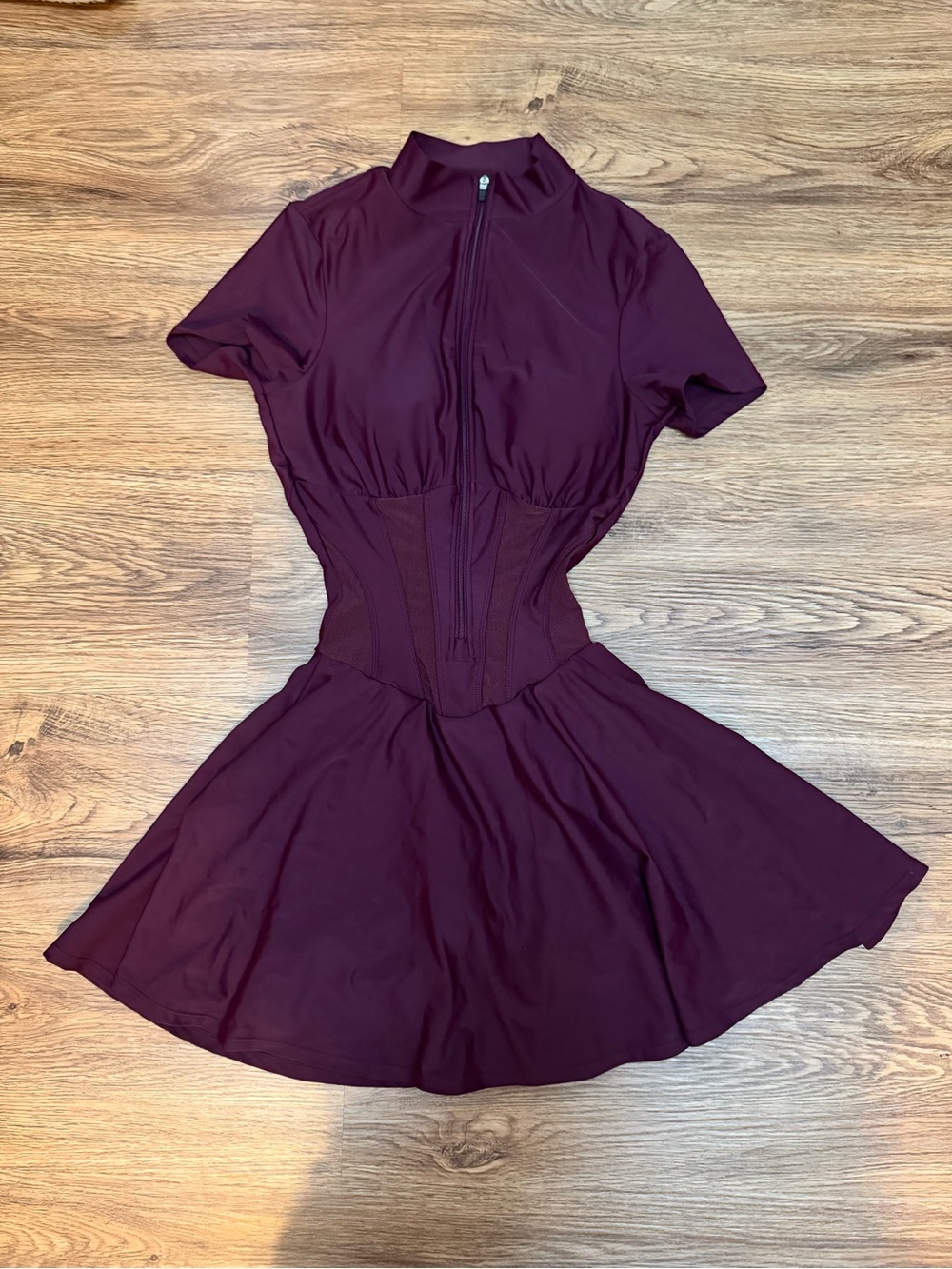 Athletic Short-Sleeve Zip Corset Waist Mini Dress in Plum